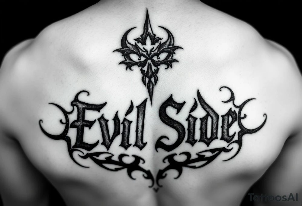 Tattoo saying Evil Side. black and white . Gangsta shaded tattoo idea