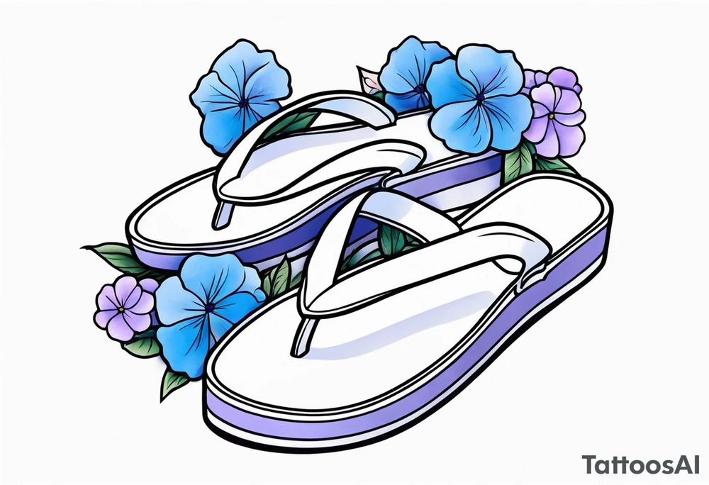 small tattoo of a light periwinkle flip flop surrounded by blue and lavender hydrangea flowers tattoo idea