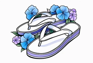 small tattoo of a light periwinkle flip flop surrounded by blue and lavender hydrangea flowers tattoo idea