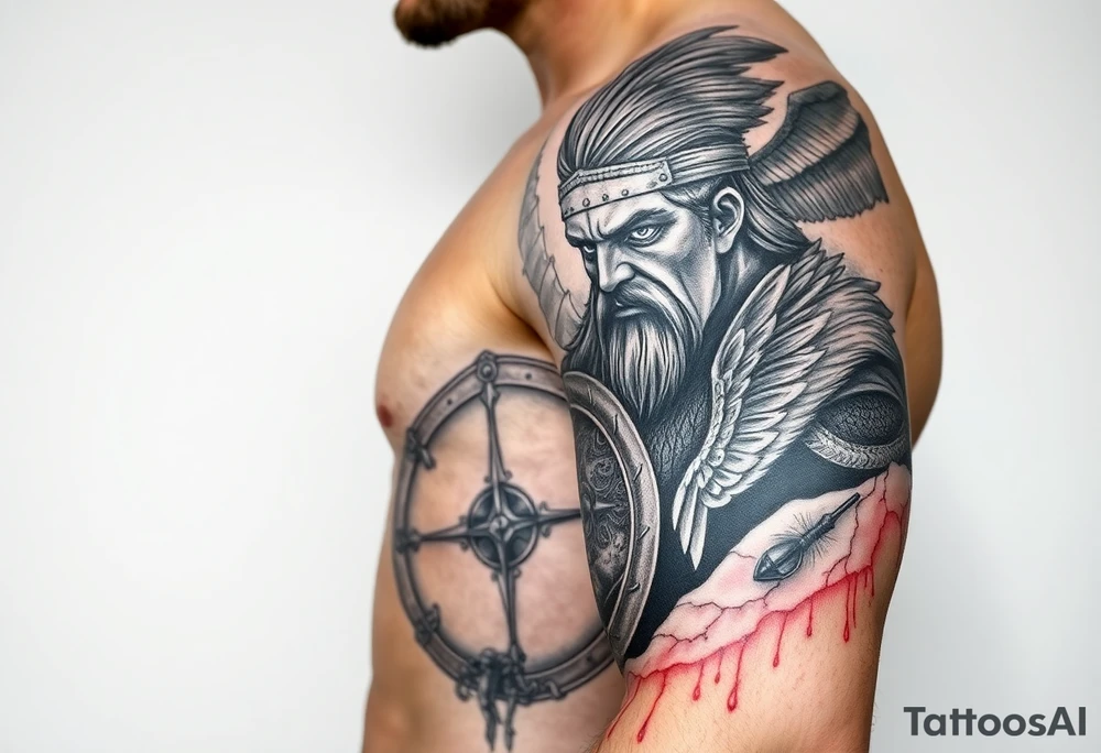 a warrior with a shield with blood dripping & a vulture bird flying in the sky tattoo idea