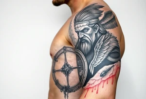 a warrior with a shield with blood dripping & a vulture bird flying in the sky tattoo idea
