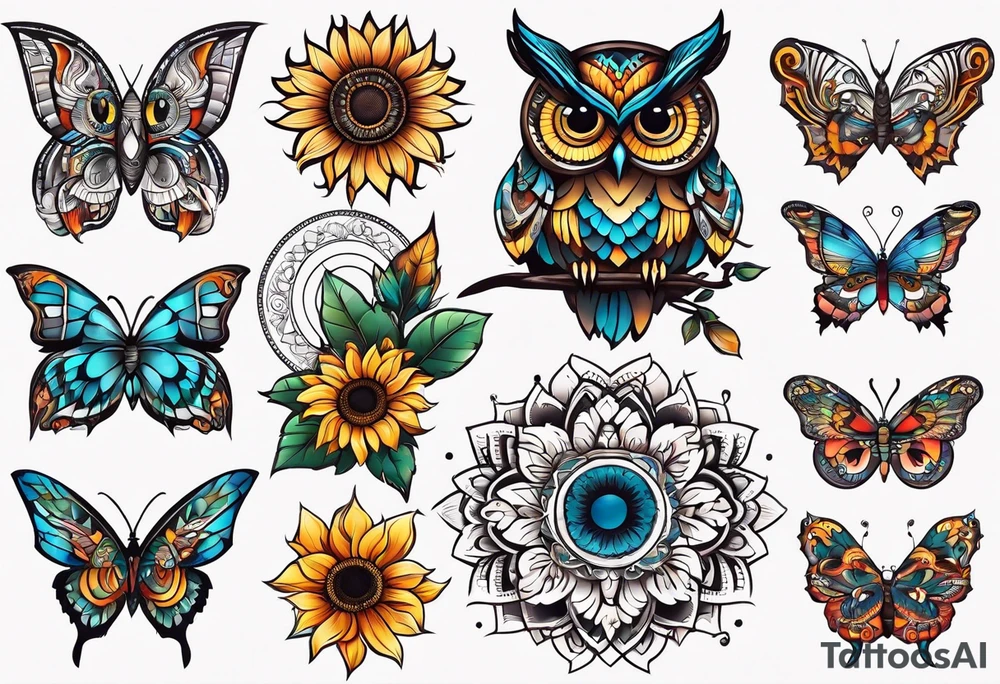 Owl, butterfly and sunflower are sleeve tattoo idea