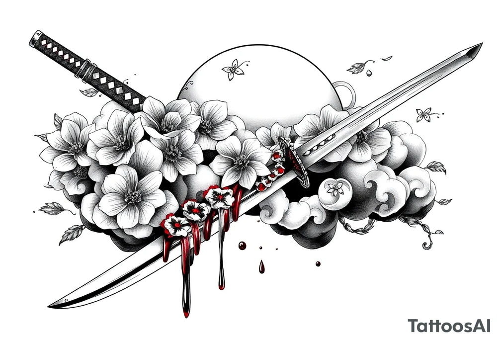 Japanese Katana with flowers clouds and blood on the blade tattoo idea