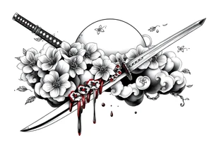 Japanese Katana with flowers clouds and blood on the blade tattoo idea