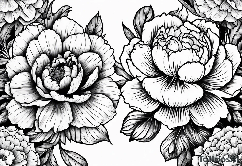 marigold, peony, and narcissus side by side tattoo idea