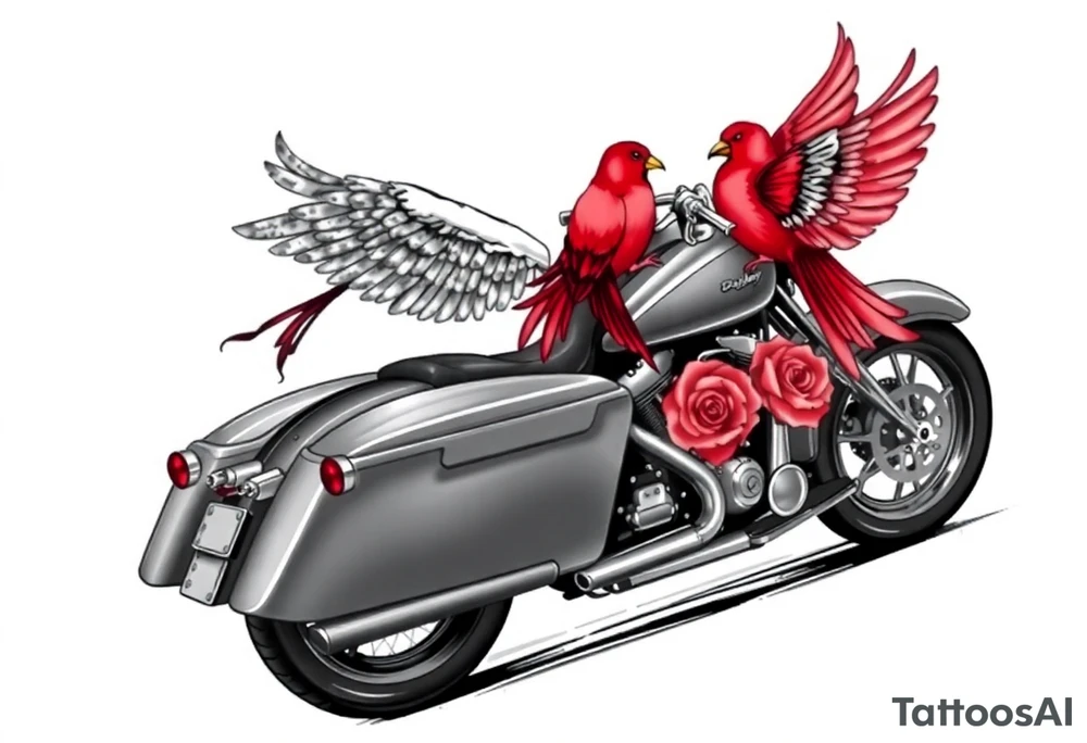 Harley grey motorcycle driving away, two red birds flying, roses, flames, angel wings tattoo idea