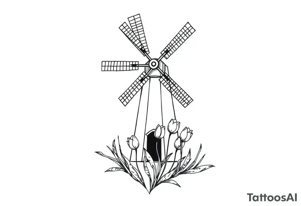 Dutch windmill with tulips tattoo idea