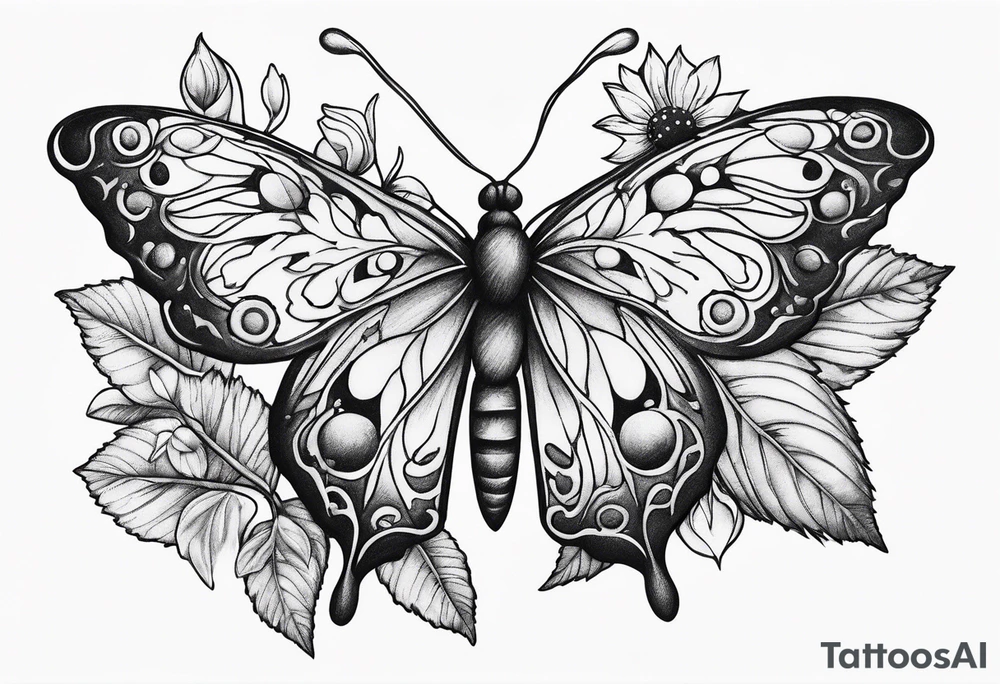 Winding branches and leaves and tiny flowers with a small moth and bubbles tattoo idea