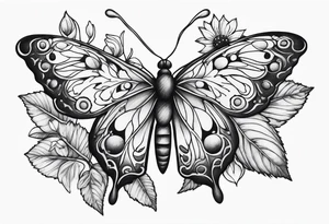 Winding branches and leaves and tiny flowers with a small moth and bubbles tattoo idea