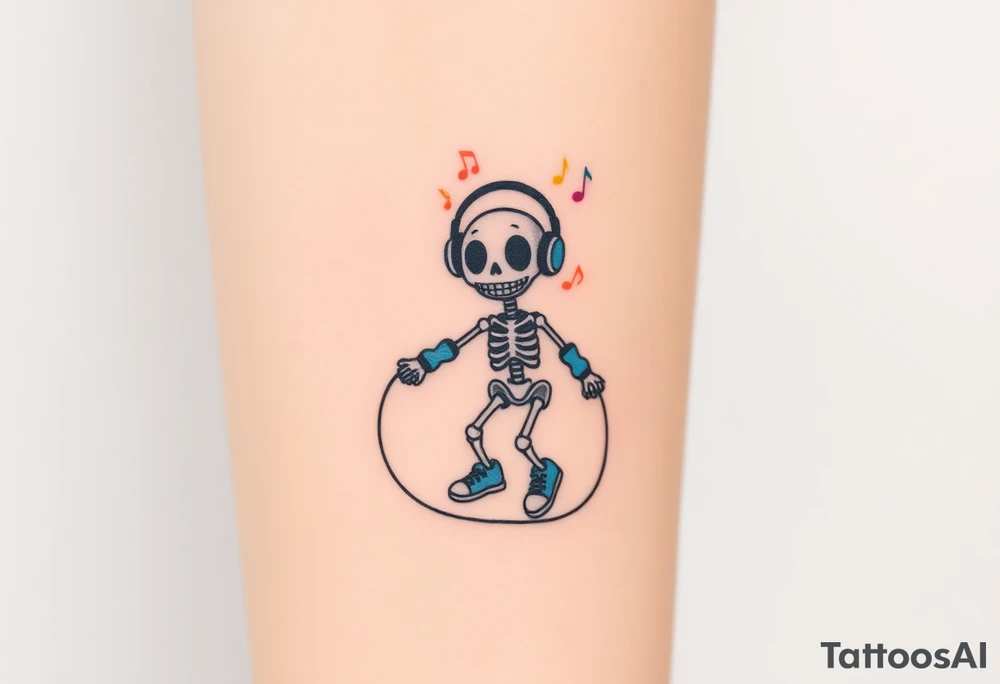 Cute smiley skeleton with love shape in his eyes jumping on a jump rope with blue headphones blue armbands blue sneakers and colorful  music notes around his head tattoo idea