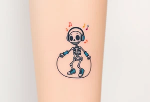 Cute smiley skeleton with love shape in his eyes jumping on a jump rope with blue headphones blue armbands blue sneakers and colorful  music notes around his head tattoo idea