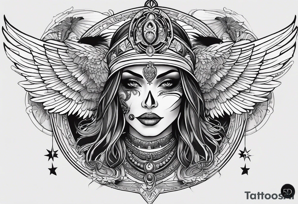 black kali, goddess pirate, alien, pachamama, valkrye, warrior, skull, lotus azul, wing, eagle, zenza resonance, stars, 5D tattoo idea