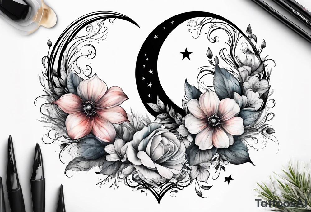 Crescent moon with a heart inside, shrouded by beautiful flowers with wisps of mist tattoo idea