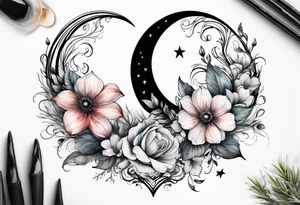 Crescent moon with a heart inside, shrouded by beautiful flowers with wisps of mist tattoo idea