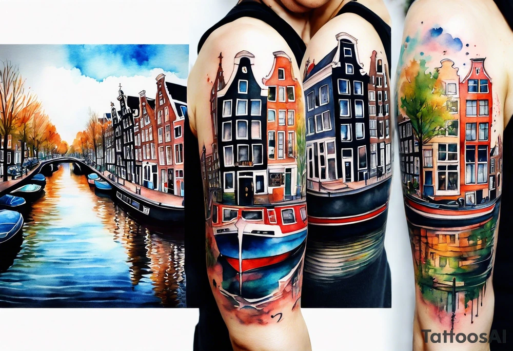 Watercolour style arm tattoo of animals and wildlife in Amsterdam canal featuring Amsterdam houses tattoo idea