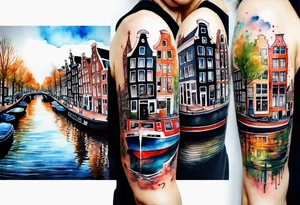 Watercolour style arm tattoo of animals and wildlife in Amsterdam canal featuring Amsterdam houses tattoo idea