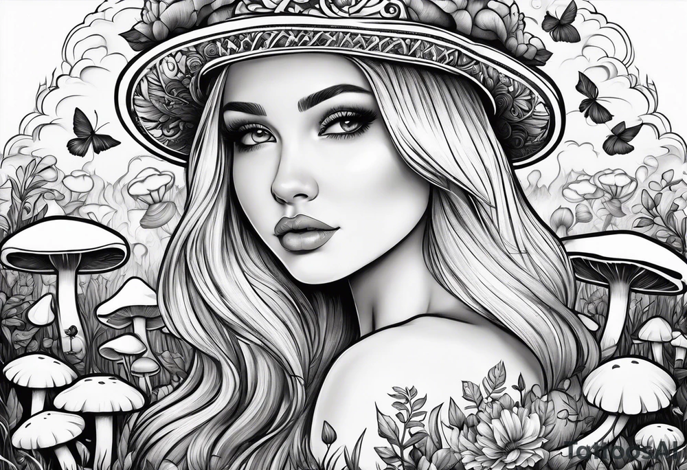 Blonde chubby Girl dancing in field of mushrooms tattoo idea
