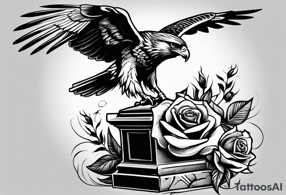 Hawk with rose in mouth flying down on a tombstone tattoo idea