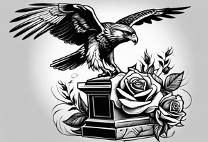 Hawk with rose in mouth flying down on a tombstone tattoo idea