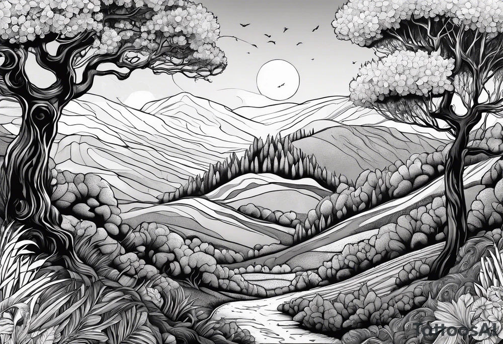 alcateia e matilha de leões na floresta caminhando para uma arvore tattoo idea