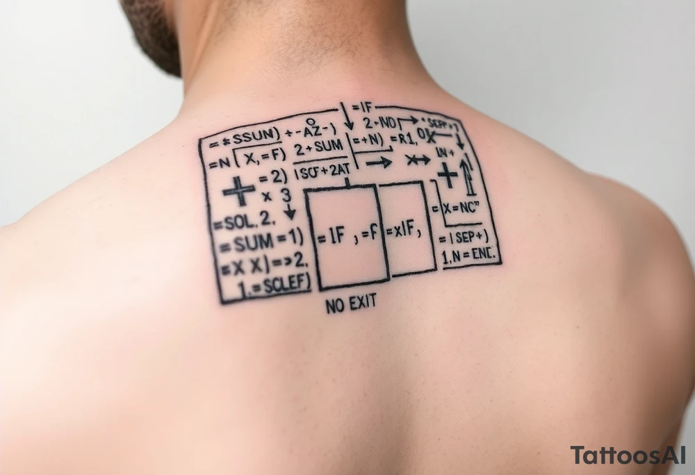 "Rat maze tattoo made of Excel formulas (=SUM, =IF). Exit door says 'No Exit' in Calibri font. Black ink, schematic style." tattoo idea