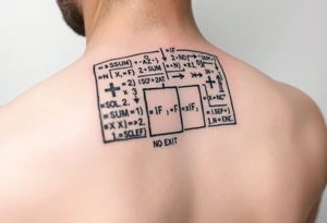 "Rat maze tattoo made of Excel formulas (=SUM, =IF). Exit door says 'No Exit' in Calibri font. Black ink, schematic style." tattoo idea