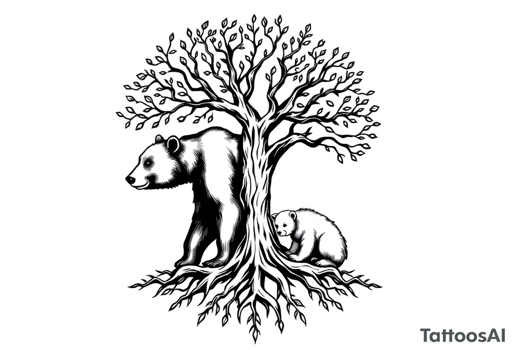 Tree of life with roots and a mother bear with her cub tattoo idea