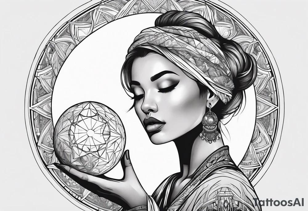 Woman , hands above her head, holding orb of creation tattoo idea