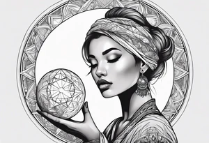 Woman , hands above her head, holding orb of creation tattoo idea