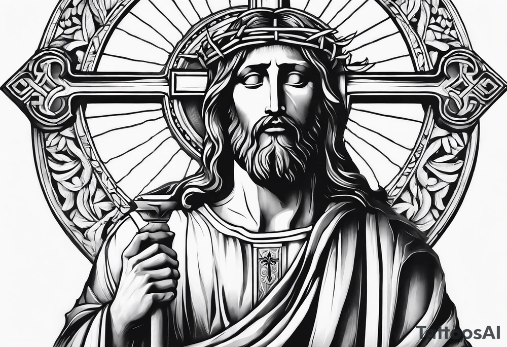 Jesus statue holding cross tattoo idea