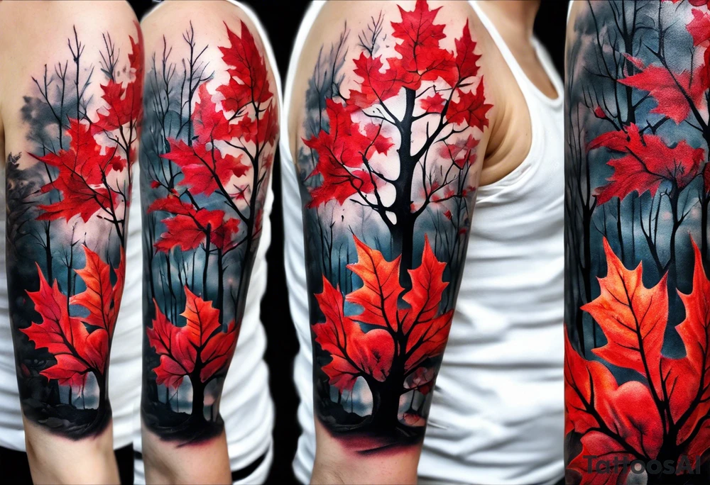 trash polka style. Arm tattoo. chest tattoo. Long tattoo. large tattoo. Full sleeve. Shoulder. A single large maple tree with red autumn leaves that branches upwards from wrist to shoulder. White-throated dipper bird on the trees branches. Calluna flowers at the base of the trees stem. Leaves falling. tattoo idea