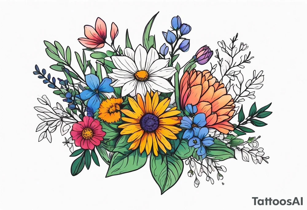 saturated mixed wildflower bouquet with greenery and detailed with color tattoo idea