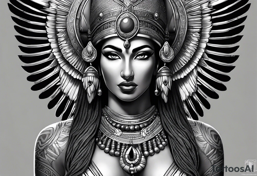 black and gray photo realistic goddess isis with minimal detail tattoo idea