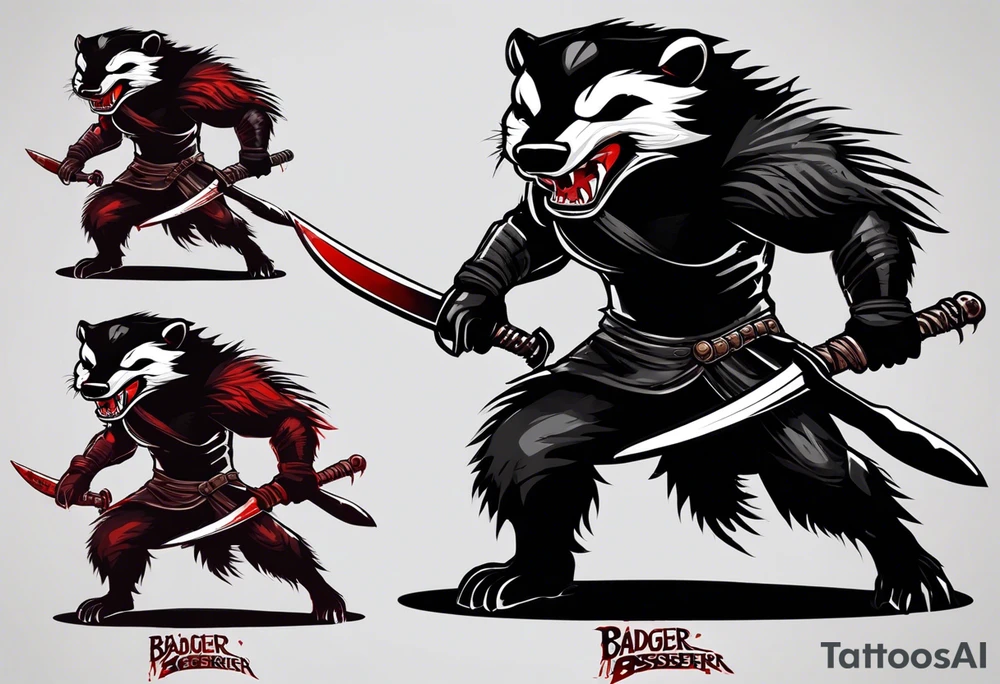 Draw me psychopath Honey Badger/Berserker with aggressive full body, killer face with a scary smile, very long nails and he attacks like a Bloody Assassin/Warrior/Gladiator to us and also, he has very deadly looking. He fights with his nails. Everybody scares after their first sight. Give me horror type Badger Tattoo. I want to see his Realistic full body with no weapons. tattoo idea