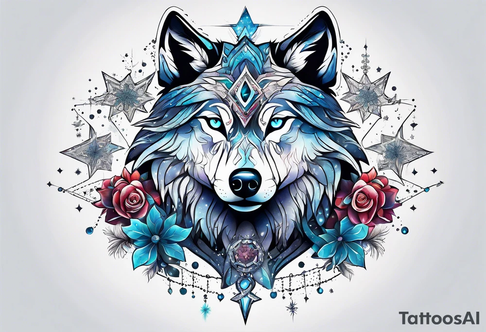Constellation, two animal alien wolf, snowflake tattoo idea