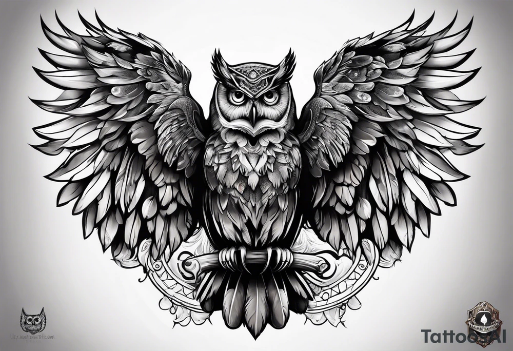 owl with skull in chest and wings tattoo idea