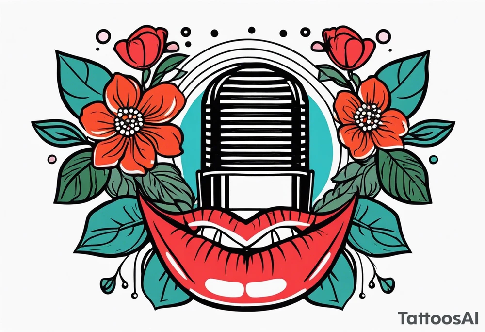 lips singing old school vintage traditional
flowers around and mouth next to microphone
bold and colorful simple design dots and simple flowers sketch tattoo idea