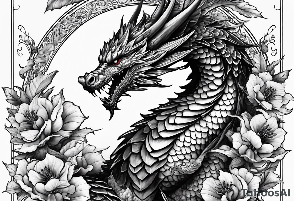 Drache mit Kirschblüten fliegt nach unten tattoo idea