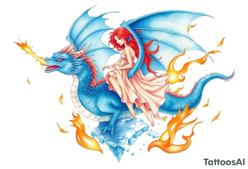 Redheaded girl on a blue dragon who is breathing fire with wings spread and flying over ice and flames tattoo idea