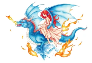 Redheaded girl on a blue dragon who is breathing fire with wings spread and flying over ice and flames tattoo idea