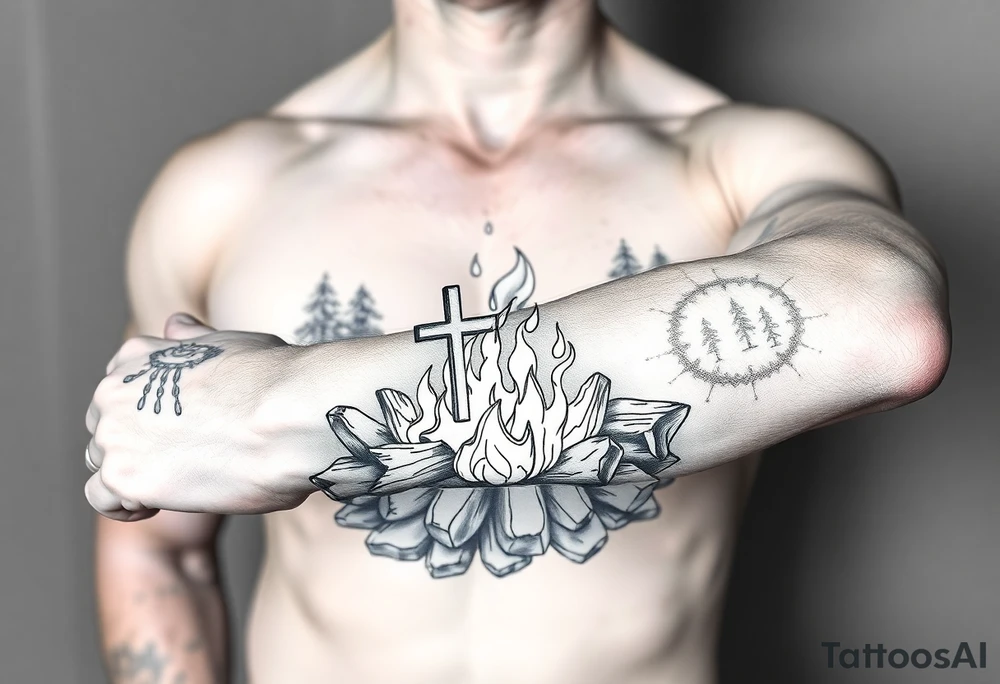 Campfire with cross hidden in the flames include the great outdoors tattoo idea