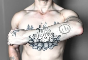 Campfire with cross hidden in the flames include the great outdoors tattoo idea