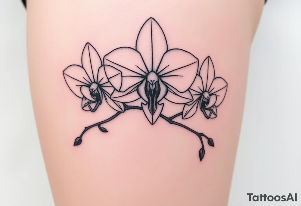 Draw of three fine line orchids different size realistic, the central part resembles a vagina. Are connected with branches tattoo idea