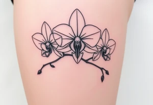 Draw of three fine line orchids different size realistic, the central part resembles a vagina. Are connected with branches tattoo idea