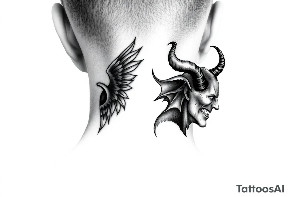 position behind the neck Angel (on the right) whispering in the right ear, demon (on the left) whispering in the left ear. It must be as realistic as possible. tattoo idea