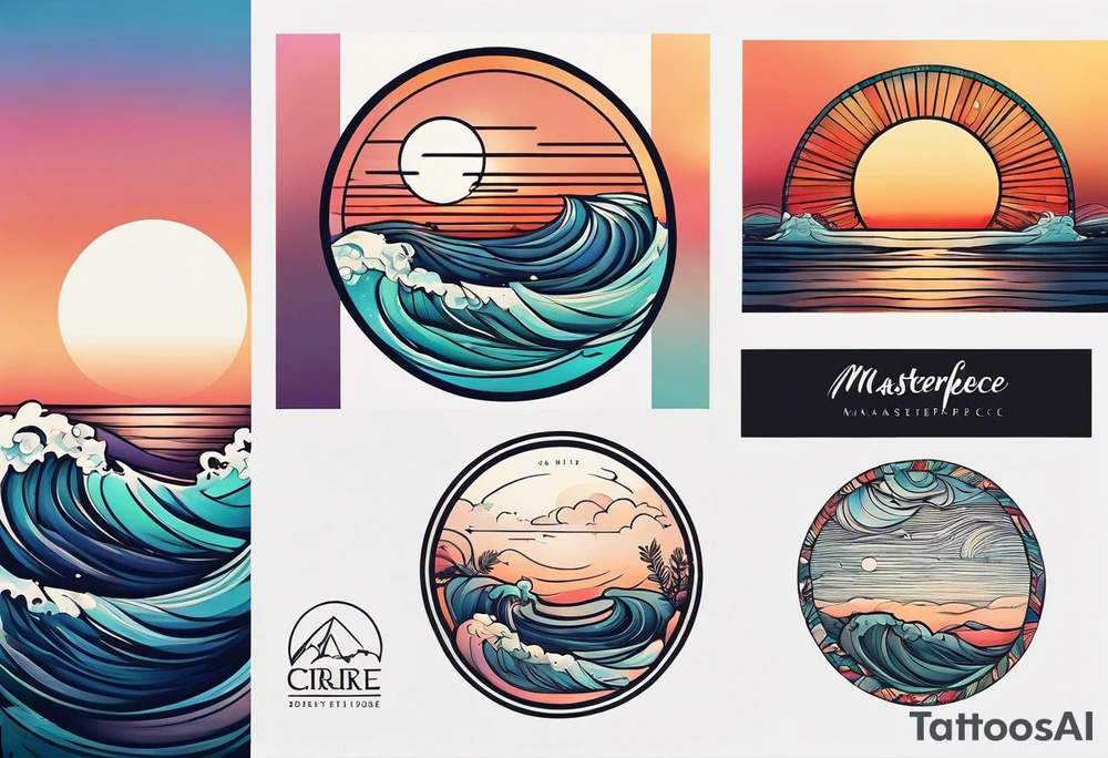 Circle shape, inside sunset and ocean drawing with retro look tattoo idea