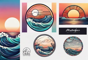 Circle shape, inside sunset and ocean drawing with retro look tattoo idea