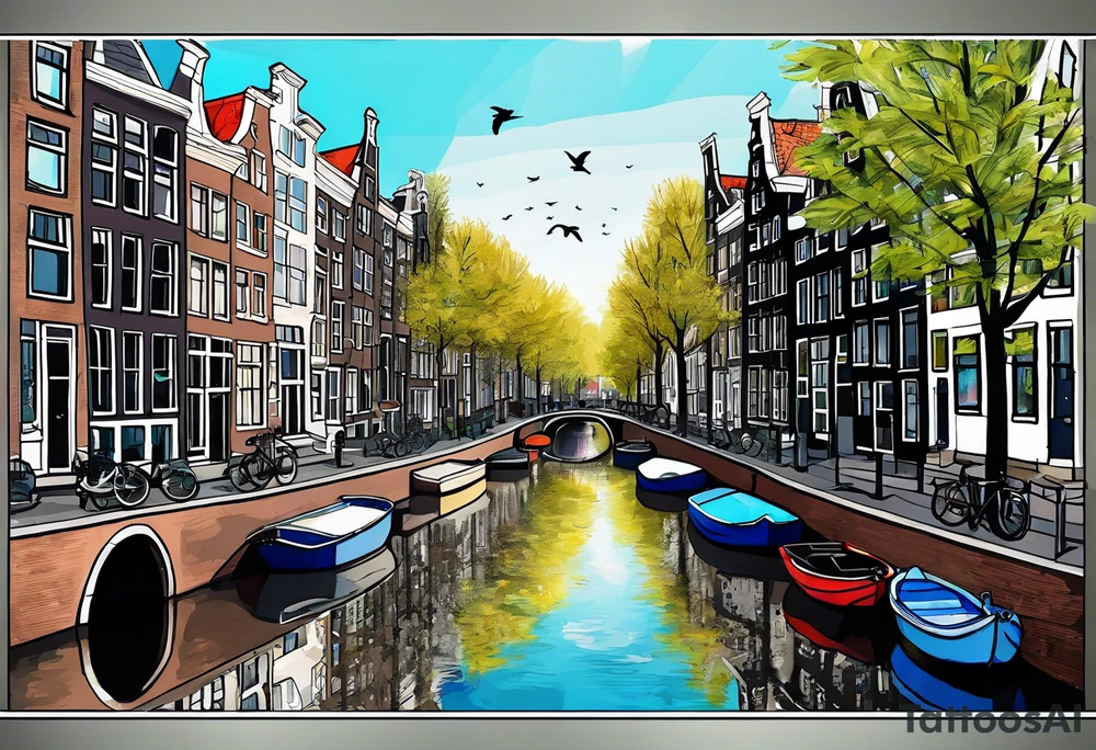 Amsterdam houses and Amsterdam canal featuring wildlife and birds made of glass in Amsterdam canal in space with pineapples tattoo idea