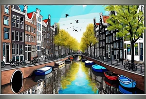 Amsterdam houses and Amsterdam canal featuring wildlife and birds made of glass in Amsterdam canal in space with pineapples tattoo idea