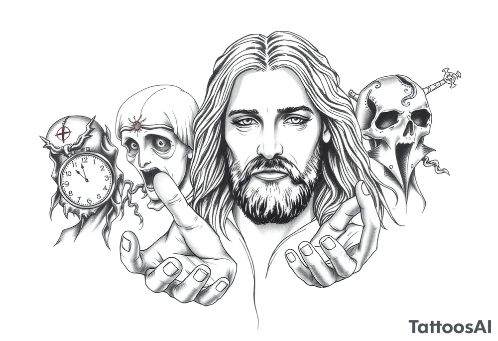 7 biblical “deadly sins”(Lust, Gluttony,Greed,Sloth,Wrath,Envy, and Pride). I also wanted time to be included in the tattoo,(don’t take time for granted) and I want like an image of Jesus reaching out his hands as if he’s calling me to follow the right paths. tattoo idea